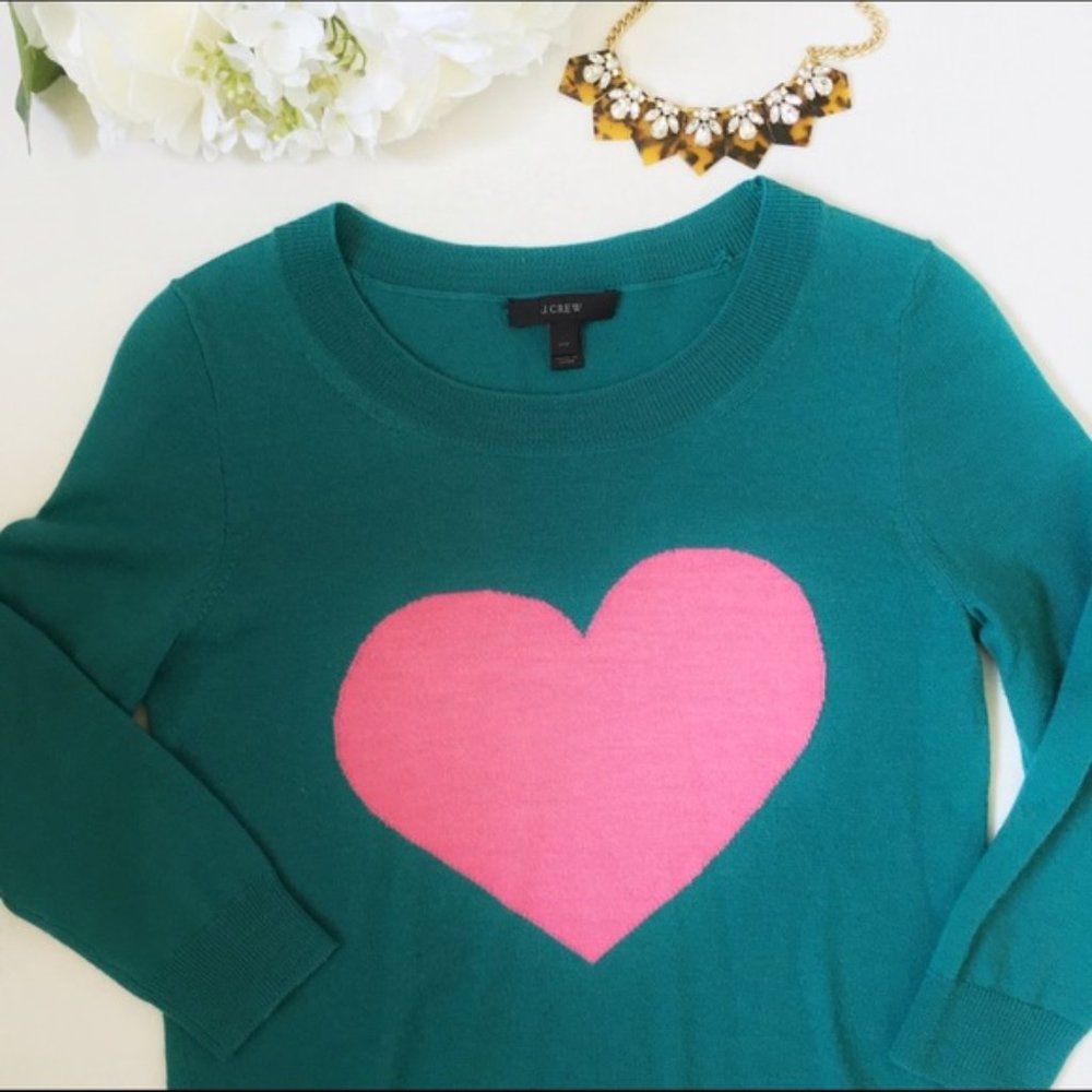 J.Crew Tippi Merino Wool Teal & Pink Heart Sweater